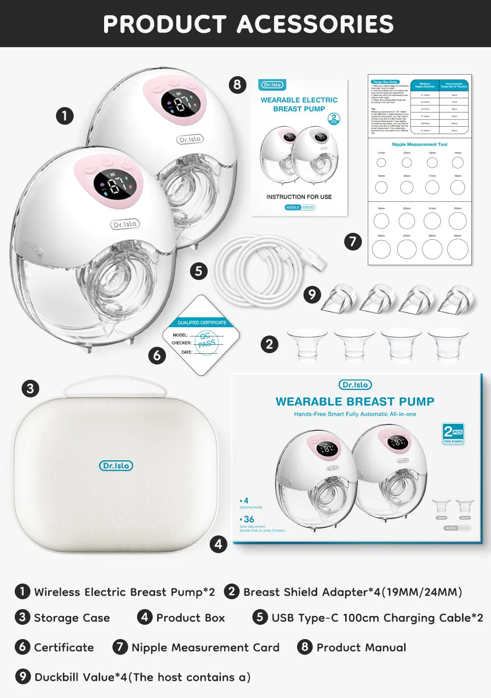Dr.isla Wearable Electric Breast Pump 4 Modes 36 Suction Levels Hands Free Breast Pumps Milk Collector with 19/24mm Flange